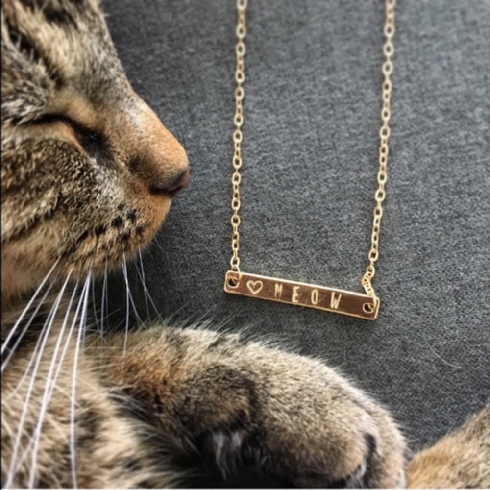 Gold Minimalist Bar Necklace Kitty Cat Meow